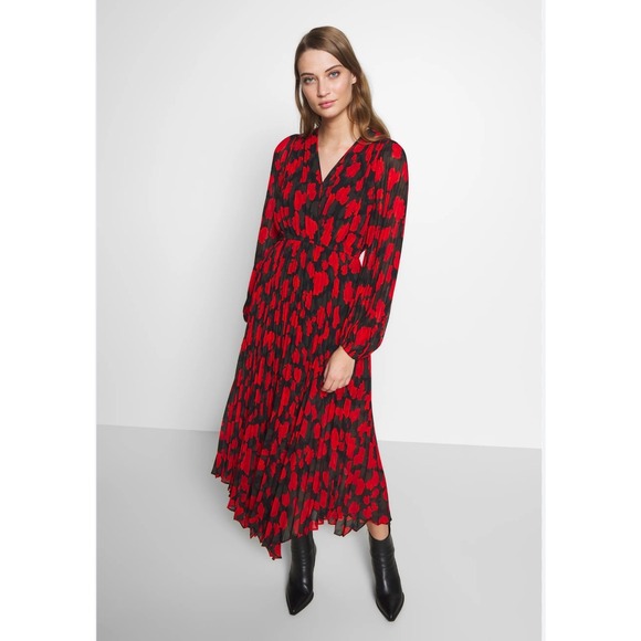 The Kooples Abstract Roses Pleated Midi Dress Red Black V-Neck Sz 4 US NEW